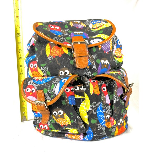 Canvas Owl Backpack Magnetic Snap Closures Padded Adjustable Shoulder Straps - Picture 7 of 9